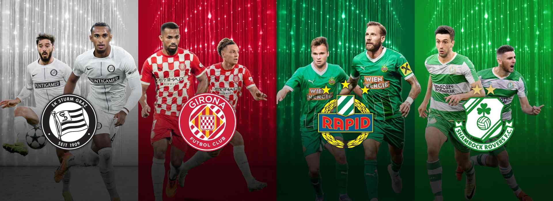 Spieler von Sturm Graz, Girona FC, Rapid Wien und Shamrock Rovers, mit Teamlogos, als Vorschau auf die UEFA-Matches am 27.11 und 28.11.